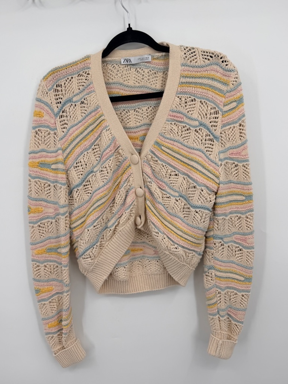Zara Pastel Stripe Crochet Knit Cropped Cardigan Women’s Small